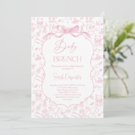 Toile De Jouy Girl Babydusche Brunch mit Bow Einladung (Stehend Vorderseite)