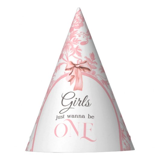 Toile de Jouy Girl Pink Bow First 1st Birthday Partyhütchen (Vorderseite)