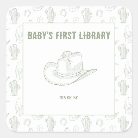 Toile de Jouy Green Cowboy - BABYS ERSTE BIBLIOTHE Quadratischer Aufkleber (Vorderseite)