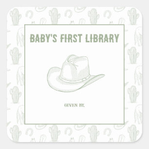 Toile de Jouy Green Cowboy - BABYS ERSTE BIBLIOTHE Quadratischer Aufkleber