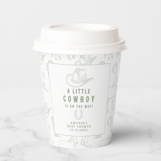 Toile de Jouy Green Cowboy Western Babydusche Pappbecher (Vorderseite)