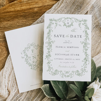 Toile de Jouy Hochzeit Save the Date Salbeigrün