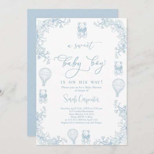 Toile De Jouy Hot Air Balloon Baby Shower Boy Einladung (Vorne/Hinten)