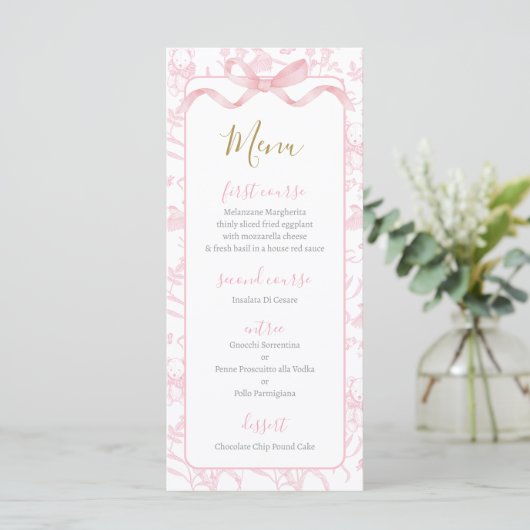 Toile de jouy Pink Baby Shower Girl Menu Card Menükarte (Stehend Vorderseite)