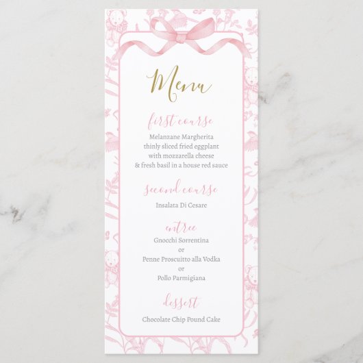 Toile de jouy Pink Baby Shower Girl Menu Card Menükarte (Vorderseite)