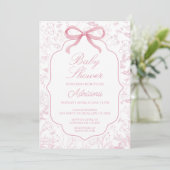 Toile De Jouy Pink Babydusche mit Bow-Einladung Einladung (Stehend Vorderseite)
