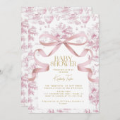 Toile De Jouy Pink Bow Babydusche Einladung (Vorne/Hinten)