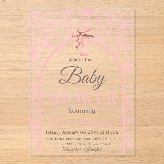 Toile de Jouy Pink Bow Girl Babydusche Acryleinladungen (Vorderseite)