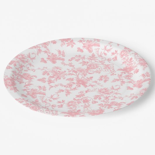 Toile de Jouy Pink Bow Girl First 1st Birthday Pappteller (Schrägansicht)