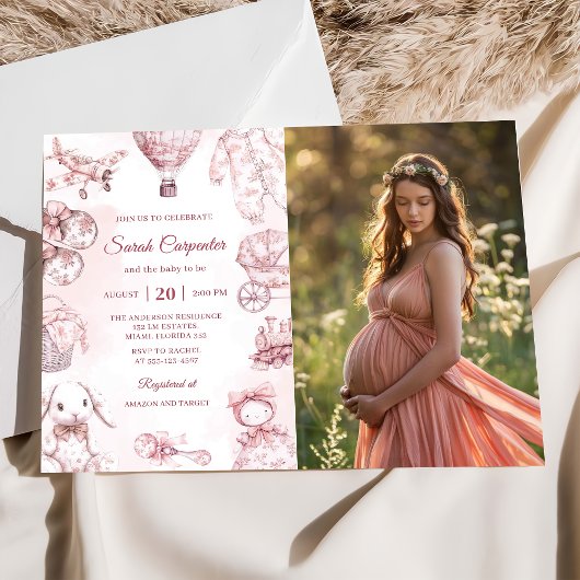 Toile De Jouy Pink Girl Babydusche Party Einladung