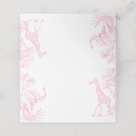 Toile de jouy Pink Safari Minimalistische Babydusc Platzkarte (Außenseite Aufgefaltet)