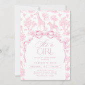 Toile de Jouy Pink Safari Tiere Es ist ein Mädchen Einladung (Vorderseite)