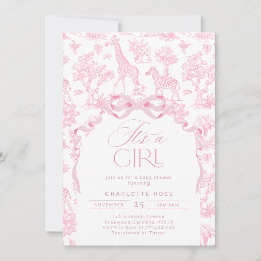 Toile de Jouy Pink Safari Tiere Es ist ein Mädchen Einladung (Vorderseite)