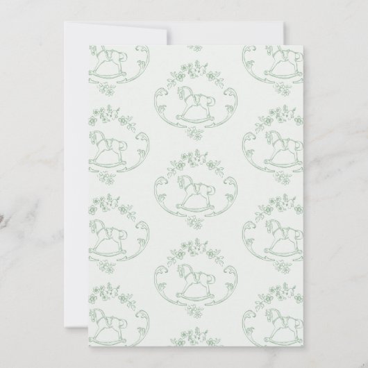 Toile de Jouy Rockpferd Sage Green Baby Dusche Einladung (Rückseite)