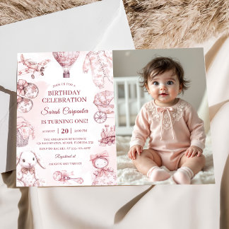 Toile De Jouy Rosa Mädchen Geburtstagsfeier Foto  Einladung