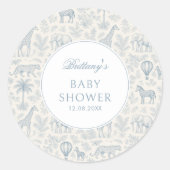 Toile De Jouy Safari Animals Blue Boy Baby Dusche Runder Aufkleber (Vorderseite)