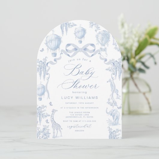 Toile de Jouy Safari Arch Bow Baby Boy Dusche Einladung (Stehend Vorderseite)