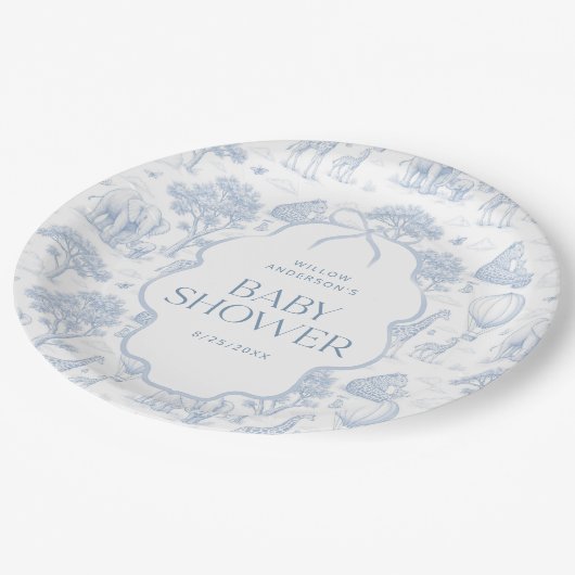 Toile De Jouy Safari Blue Baby Shower Paper Plates Pappteller (Schrägansicht)