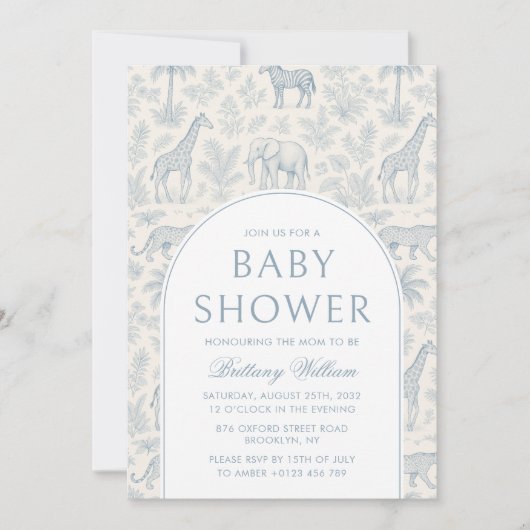 Toile De Jouy Safari Blue Boy Baby Dusche Einladung (Vorderseite)