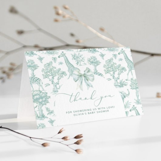Toile de Jouy Safari grüne Bow Baby Dusche Dankeskarte