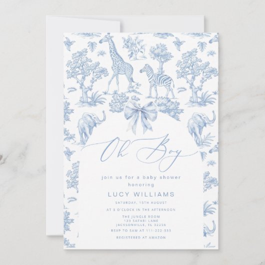 Toile de Jouy Safari Oh Boy Baby Dusche Einladung (Vorderseite)