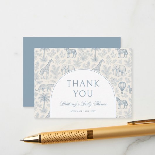 Toile De Jouy Safari Pastel Blue Baby Dusche Begleitkarte (Vorderseite/Rückseite Beispiel)