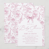 Toile de Jouy Safari Pink Bow Baby shower Einladung (Vorne/Hinten)