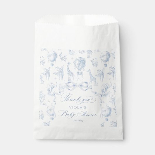 Toile de Jouy Safari Tiere Blue Baby Dusche Geschenktütchen (Vorderseite)