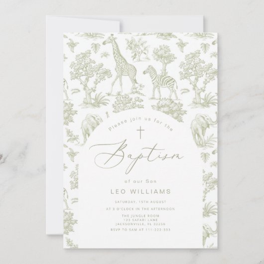 Toile de Jouy Safari Tiere Grüne Taufe Einladung (Vorderseite)