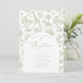 Toile de Jouy Safari Tiere Grüne Taufe Einladung (Stehend Vorderseite)