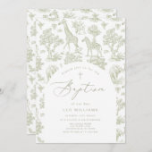 Toile de Jouy Safari Tiere Grüne Taufe Einladung (Vorne/Hinten)