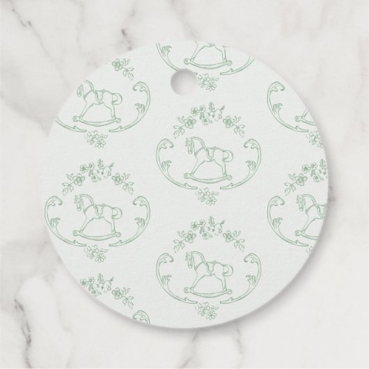 Toile de Jouy Sage Green Rocking Horse Baby Dusche Geschenkanhänger (Rückseite)