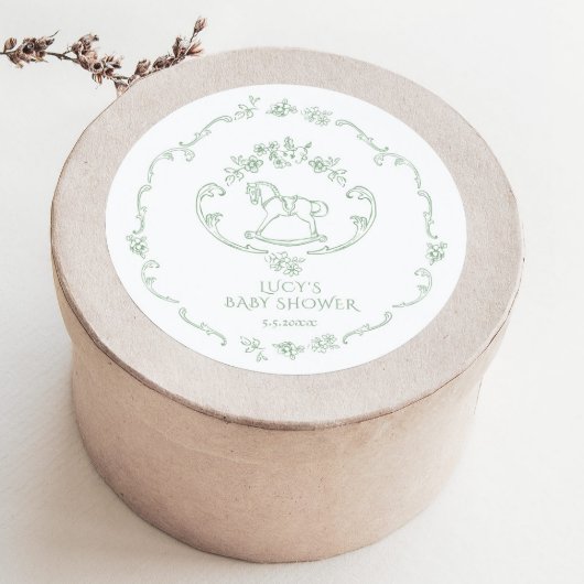Toile de Jouy Sage Green Rocking Horse Baby Dusche Runder Aufkleber