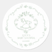 Toile de Jouy Sage Green Rocking Horse Baby Dusche Runder Aufkleber (Vorderseite)