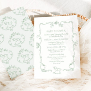 Toile de Jouy Schaukelpferd Sage Green Babyparty Einladung