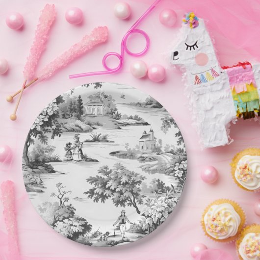 Toile de jouy, schwarz-weiß, Porzellan, Pappteller (Party)