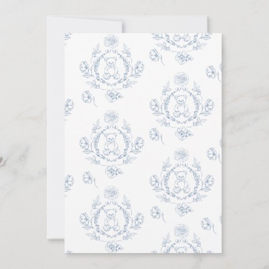 Toile de Jouy Teddy Bär Blaue Babydusche Einladung (Rückseite)