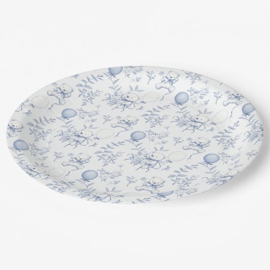 Toile De Jouy Teddy Bear Dusty Blue Baby Dusche Pappteller (Schrägansicht)