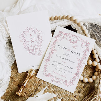 Toile de Jouy Wedding Save the Date Dusty Pink