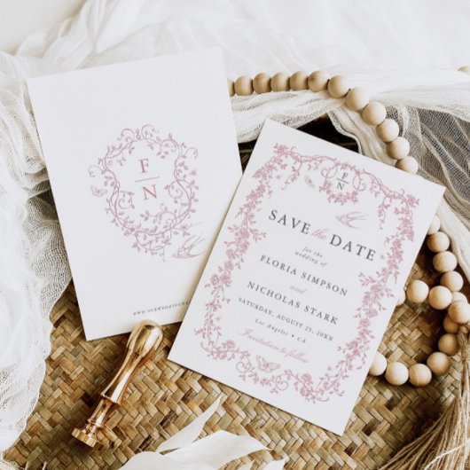 Toile de Jouy Wedding Save the Date Dusty Pink