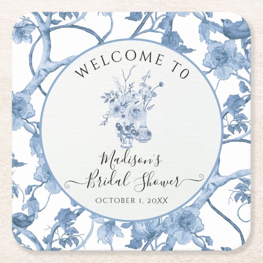 Toile Elegante Blumen Blau und Weiß Brautparty Rechteckiger Pappuntersetzer (Vorderseite)