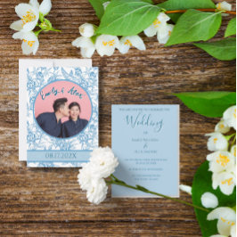 Toile Floral Bird Light Blue Foto Wedding Einladung