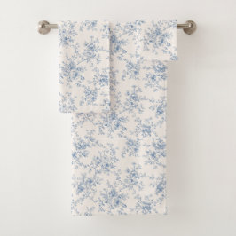 Toile Floral Bouquet Blau Creme Vintage Botanisch Badhandtuch Set