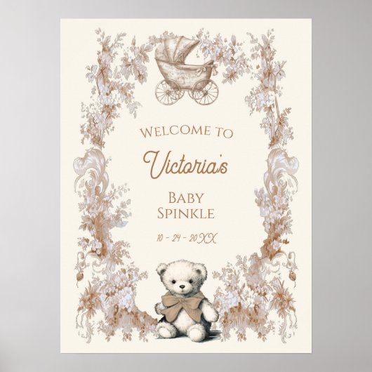 Toile Floral Teddy Bear Baby Dusche Begrüßungszeic Poster (Vorne)