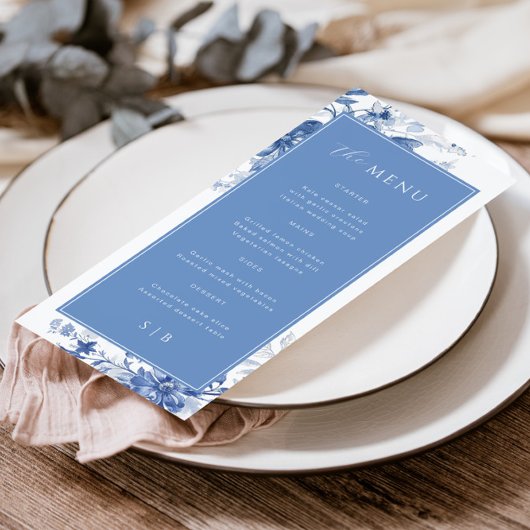 Toile French Blue Floral Wedding Menu Menükarte