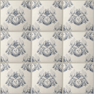 Toile French Blue Vintage Pfau Kaninchen und Hahn Fliese