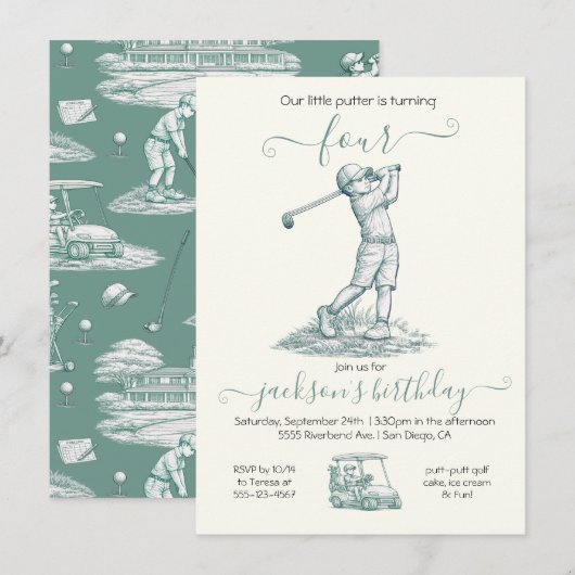 Toile Golf Junge Geburtstagsfeier Einladung (Vorne/Hinten)