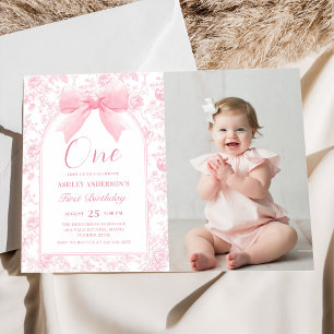 Toile Pink Bow Chinoiserie 1. Geburtstag Foto Einladung