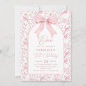 Toile Pink Bow Floral 1. Geburtstag Einladung (Vorderseite)