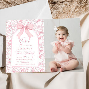 Toile Pink Bow Floral 1. Geburtstag Foto Einladung